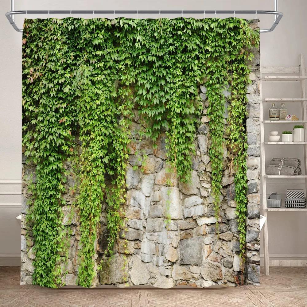 Green Ivy And Old Stone Of Wall Shower Curtain Nature Bathroom Extra Long Waterproof Washable Polyester Fabric For Bathtub Decor