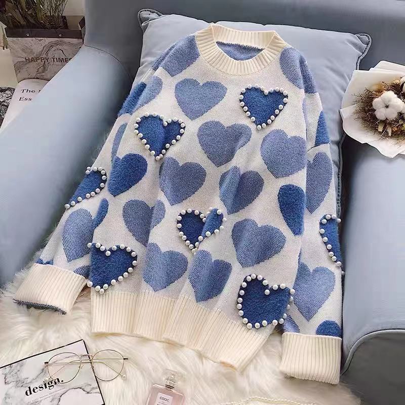 

QICED свитер женский осень зима любовь гвоздь бисер ленивый ветер свободный внутри с нижней трикотажной блузкой блузка пальто Uniform size синий