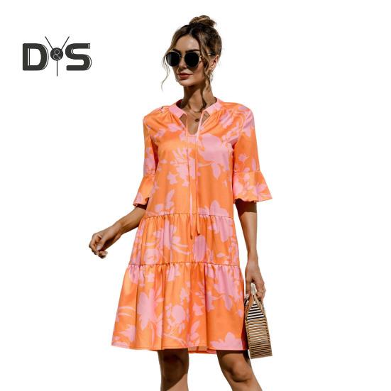 

Женское летнее мини-платье с коротким рукавом и V-образным вырезом, плиссированное платье с принтом в стиле бохо, короткое платье-трапеция, пляжный многоярусный струящийся сарафан S оранжевый
