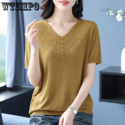 Summer V-neck Knitted T-shirt Top Ice Silk Short Sleeved T-shirt Women's Clothing