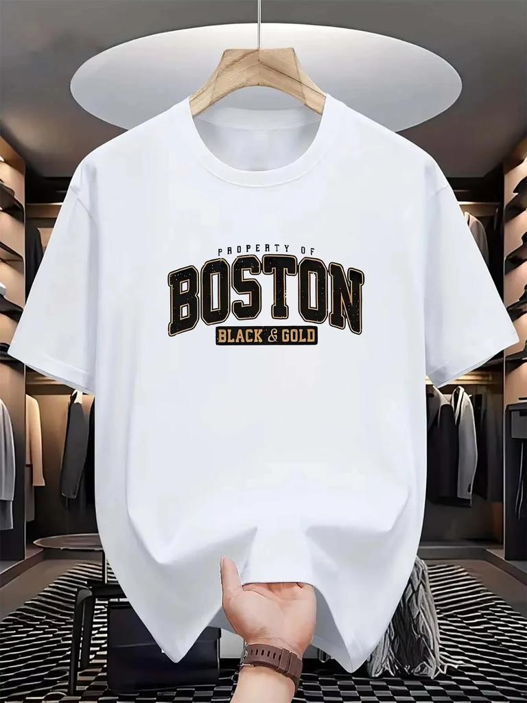 2025 Men's Casual Fashion Trend round-neck T-shirt, Boston print, 100% pure cotton short-sleeved summer top