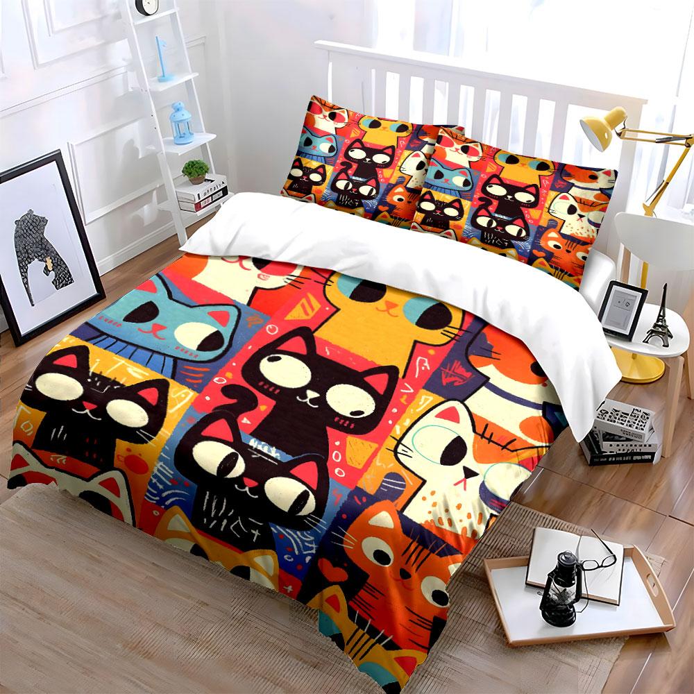 Colorful Cartoon Cat Faces. Bedding Sets Duvet Cover Sets Duvet Covers Pillowcases(1 * Duvet Cover 2 * Pillowcases Without Duvet Insert)