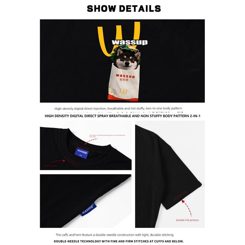 Wassup Trendy American Cartoon T-Shirt Short-Sleeved Couple Summer New Heavyweight Pure Cotton Versatile Unisex Top