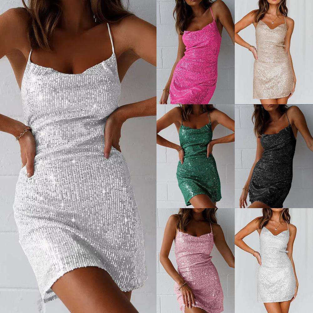 Europäisches und amerikanisches neues Träger-Kurzrock-Sexy-Rückenfreies Pailletten-Blitz-Kleid Nachtclub-Partykleid