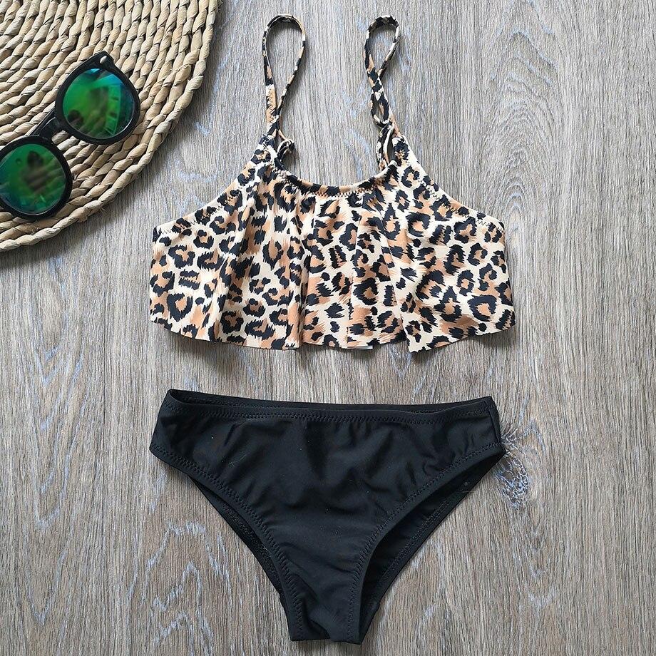 

6-14 Years Girl Swimsuit Kids Swimwear Leopard Teenage Girl Bikini Set Falbala Two Piece Children s Swimwear Girls Bathing Suit 14 чёрный