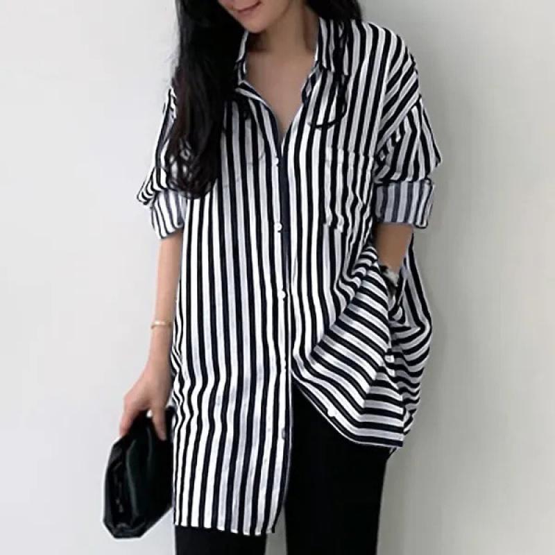 Frauen Drehen Unten Kragen Langarm Bluse Tops Frühling Sommer Lose Beiläufige Streifen Shirts