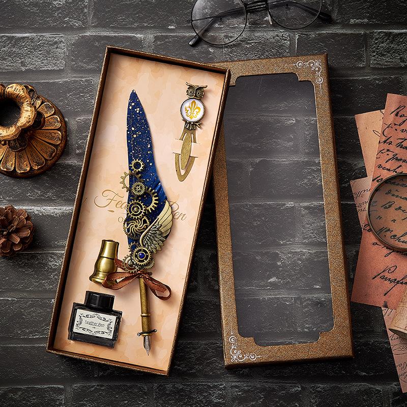 Vintage Mechanical Feather Dip Pen Set,Ink-Containing,Penholder,Bookmark,Art Calligraphy Signature Pen Holiday Gift Giftboxed