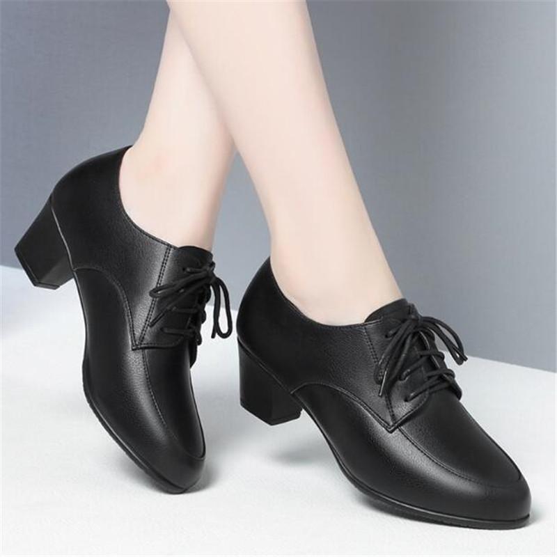 Fashion Deep Mouth Soft Leather Shoes Women Oxfords Platform Pumps High Heels Shoes Black Lace Up Ladies Office Work Pumps Shoes
