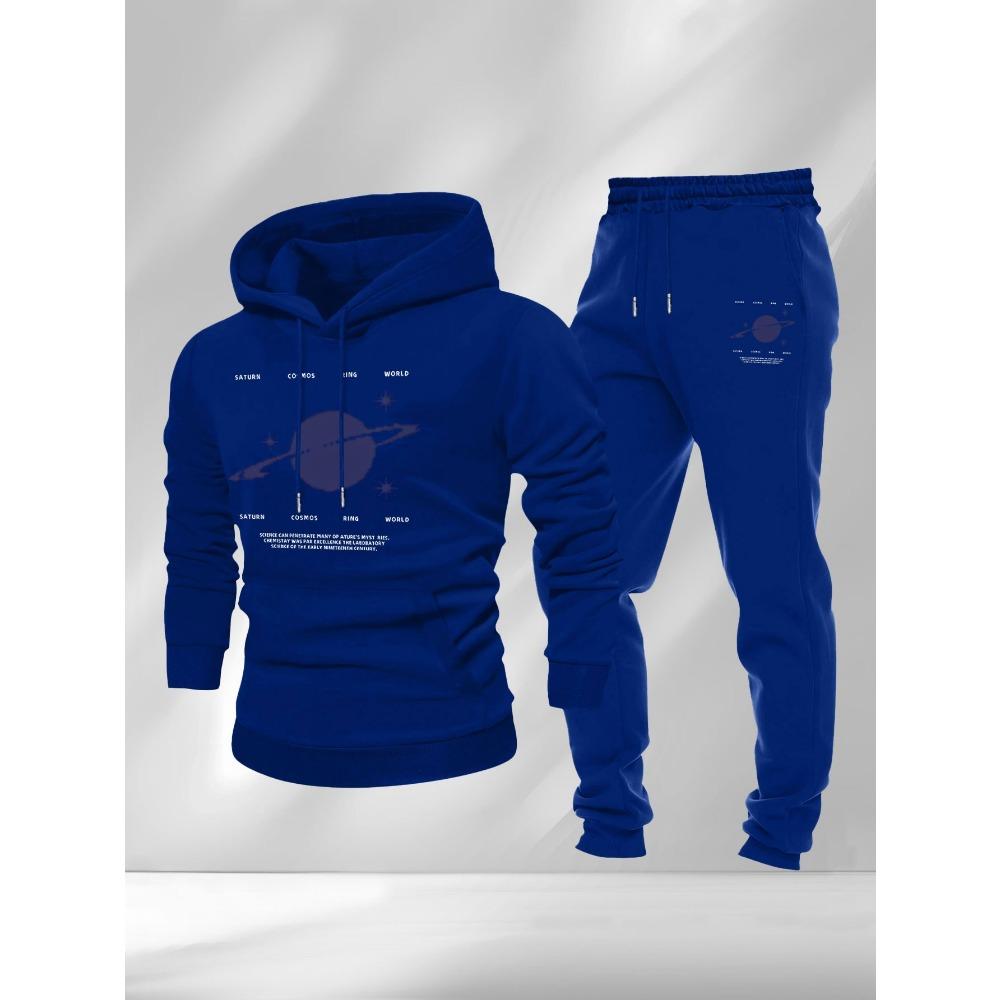 Saturn Planet Printed Hoodie Sportswear Drawstring Hoodie Pants Set Casual Street Style Fashionable Men's Essential