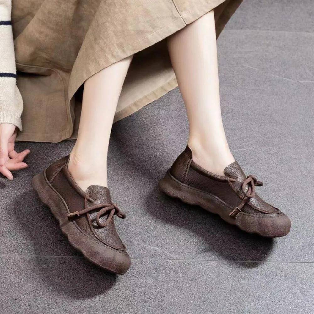Flat Shoes Small Leather Shoes Women's 2026 New Retro Lace-up Big Head Casual Low-top Shoes Leather Deep-mouth Pumps Women