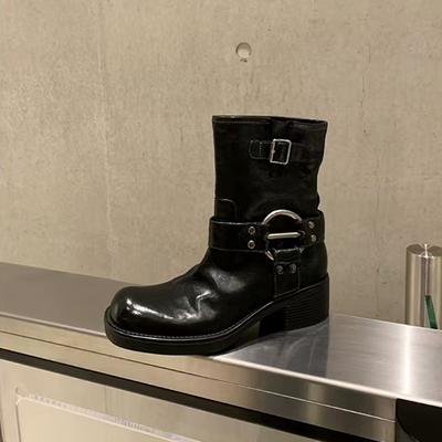 Cowhide Grape Mother Same Leather Retro Metal Buckle Thick Heel Western Short Boots Female Punk Knight Boots Locomotive Boots