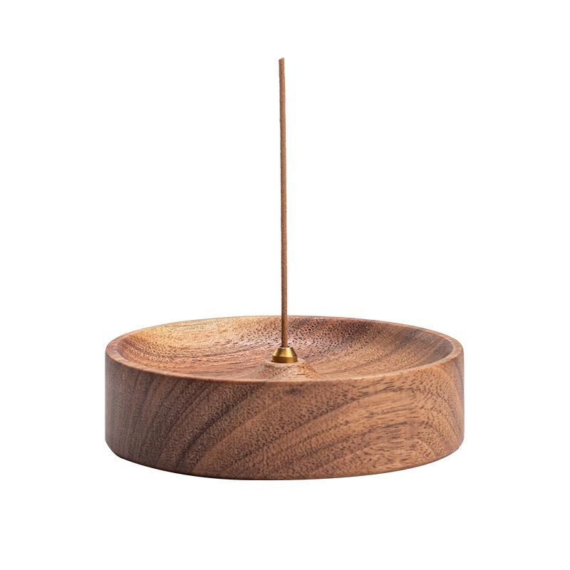 Zen Round North American Walnut Incense Holder with Agarwood Incense Sticks - Chinese Style Solid Wood Household Burner