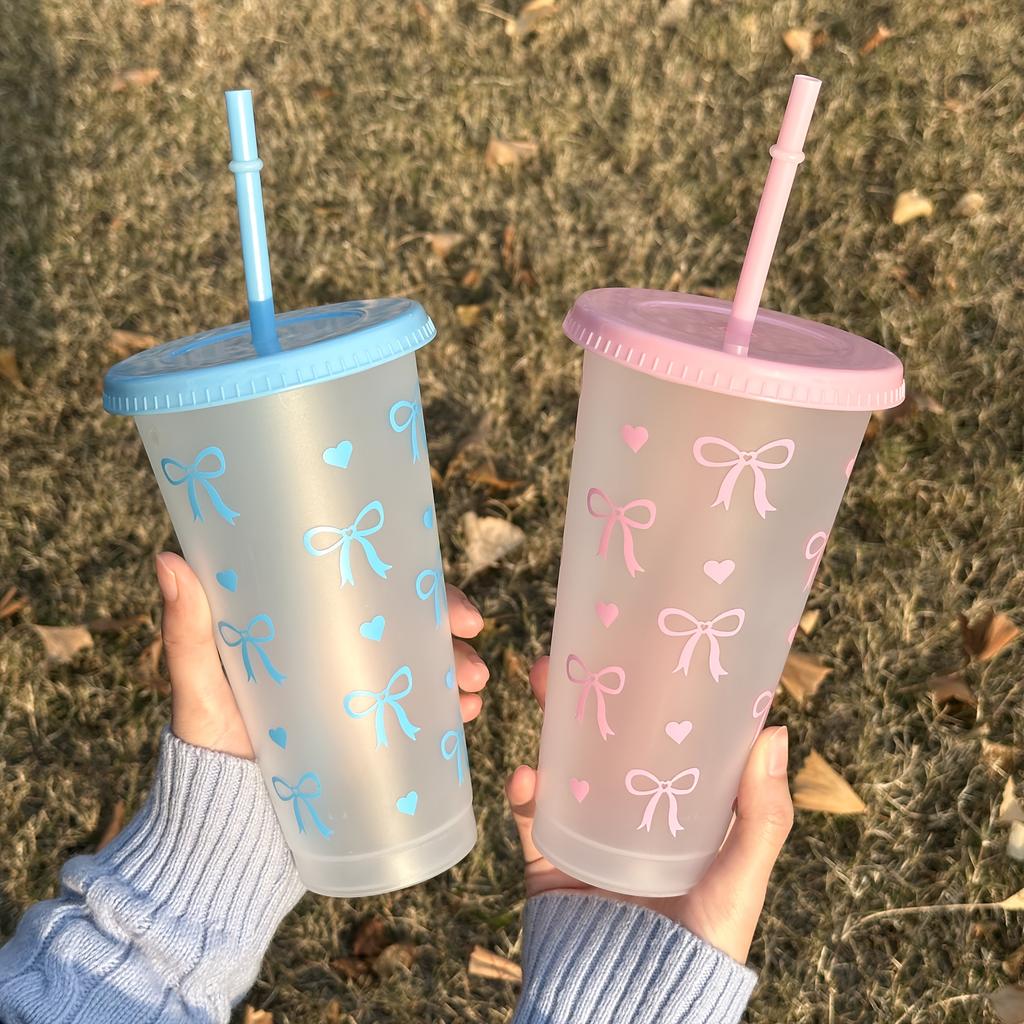 2/20pcs 24oz Reusable Party Cups with Straw & Lid Cute Bow Plastic Tumblers for Cold Drinks Home Office Outdoor Use Summer Gift