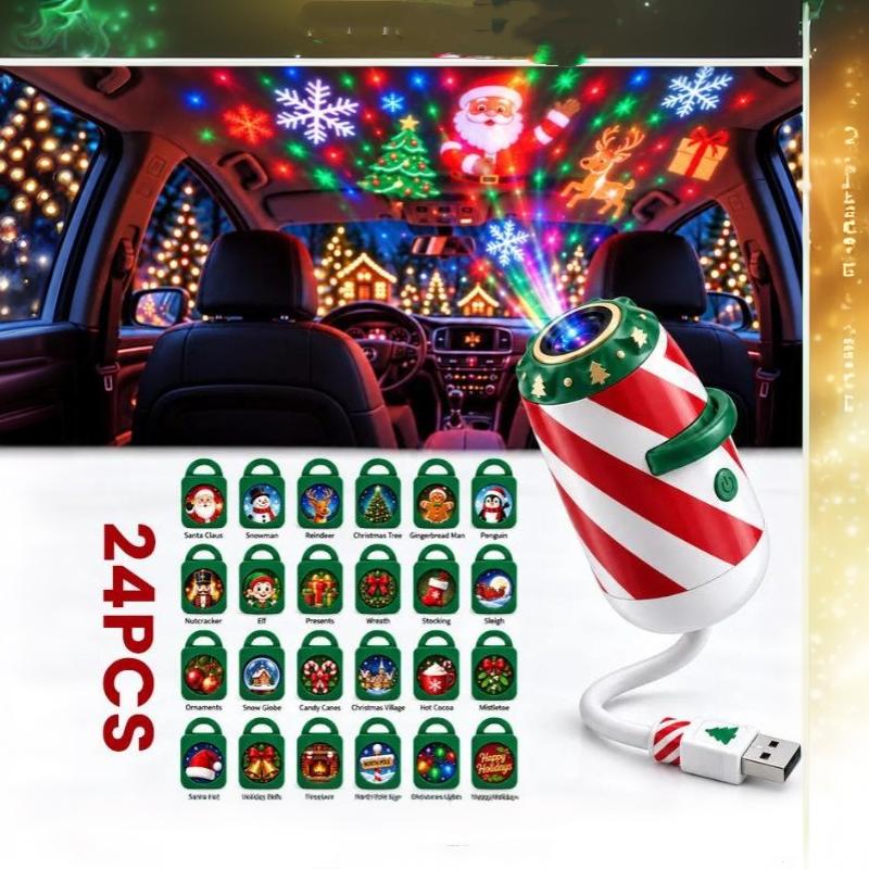 Usb Christmas Projector Light 6/12/24 Patterns Flexible Led Xmas Projection Lamp For Car Bedroom Party Decor