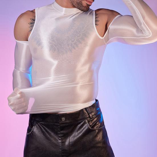 Sexy Men Glossy Shiny T-Shirt Smooth Breathable Top High Elastic Transparent See-Through Nightclub Skinny Tops