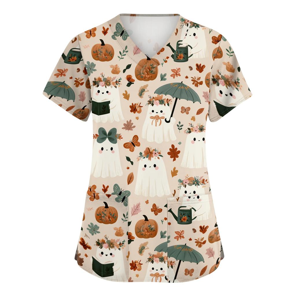 Women's V-Neck Short Sleeve Scrub Top with Pockets Halloween Print Uniform for Work