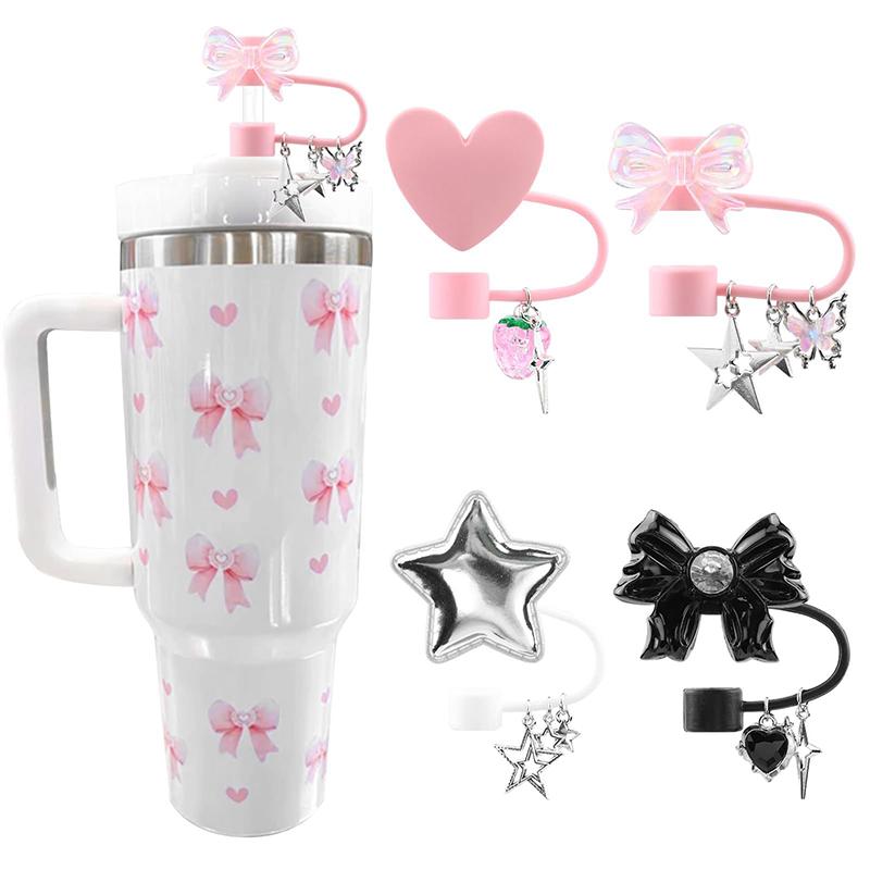 

Чехлы для соломинок Star для Stanley Cup 4Pack Bow Silicone Straw Toppers Cute Heart Straw Cover Пыленепроницаемые заглушки Protector Straw Tips розовый