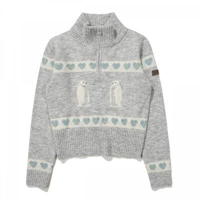 Heart Penguin Half Zip Sweater  Gray 