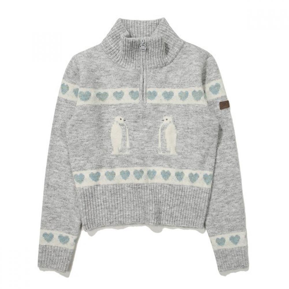 Heart Penguin Half Zip Sweater  Gray 085