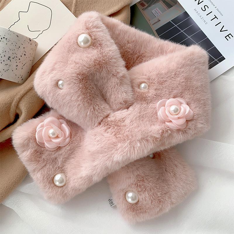 Soft Furry Plaid Scarf Korean Style Label Japanese Autumn and Winter Ins Plush Girl Scarf Imitation Rex Rabbit Fur Thickened