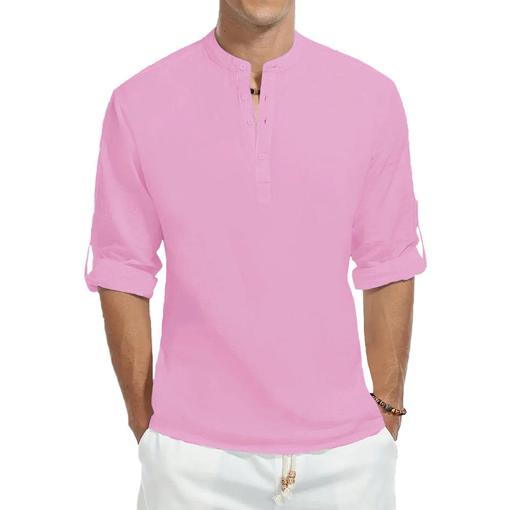 

Весенне-летняя рубашка с длинным рукавом из хлопка и льна для мужчин, однотонная, с вырезом хенли, легкая, дышащая, на пуговицах S розовый
