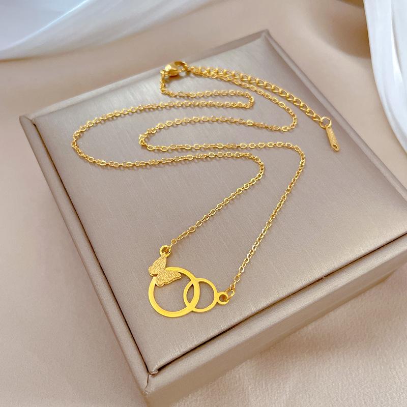 Titanium Steel Double Ring Butterfly Temperament Personality Minimalist Furnace Real Gold Necklace Female Collarbone Chain