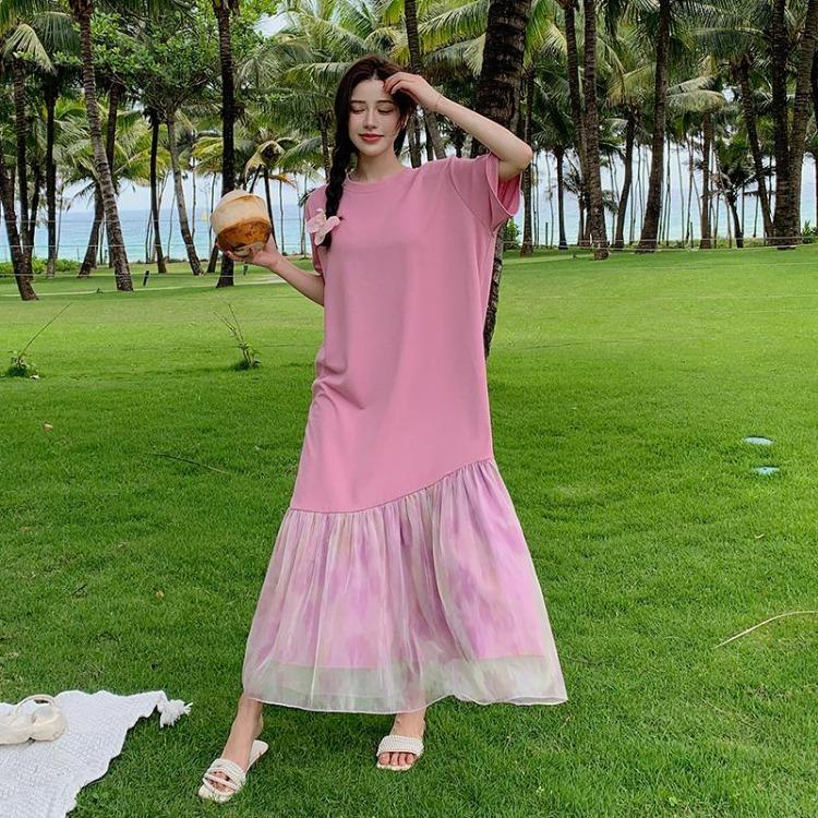 Summer Women Loose Dress Plus Size Casual Oversize Long Shirt Dress Solid Pleated Lace Short Sleeve