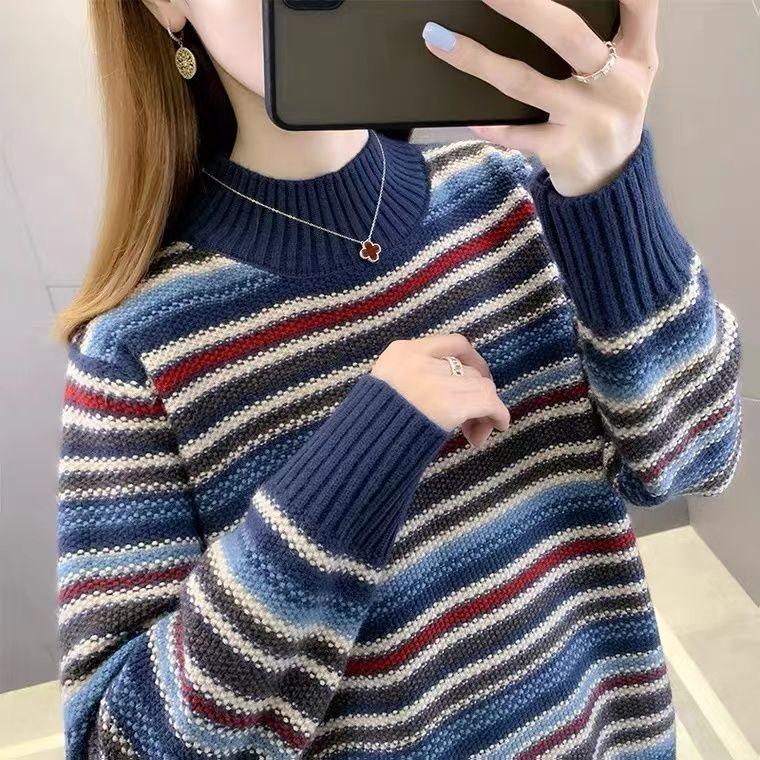 Women's Red Striped Turtleneck Sweater - Trendy, Thickened, Ideal for Autumn & Winter