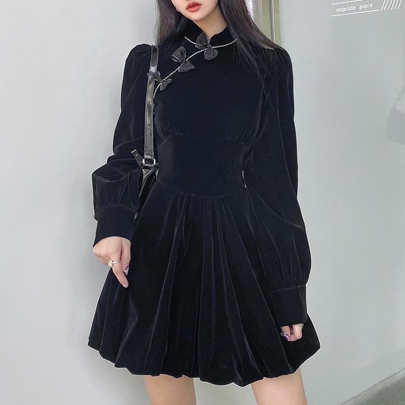 Cheongsam Darlingaga Vintage Elegante Gothic Dark Bow Velour Schwarzes Kleid Herbst Winter Chinesischer Stil Plissee Kleider Party Diamanten Kleidung