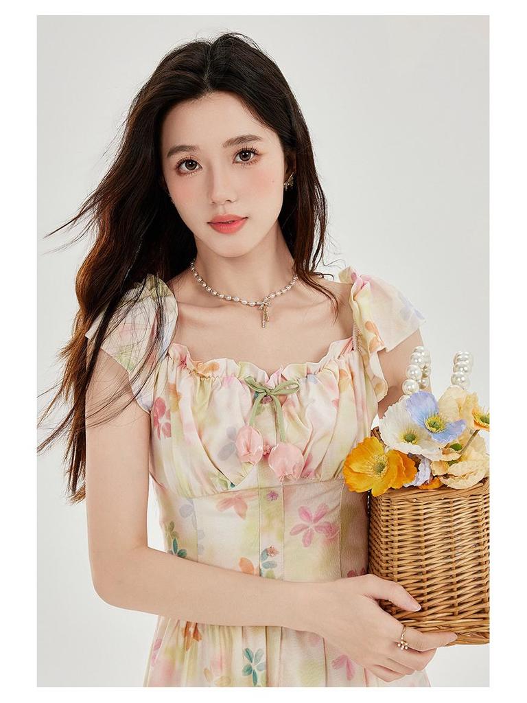 Robe débardeur amincissante à col carré français et manches bouffantes pour femme avec jupe midi florale d'été