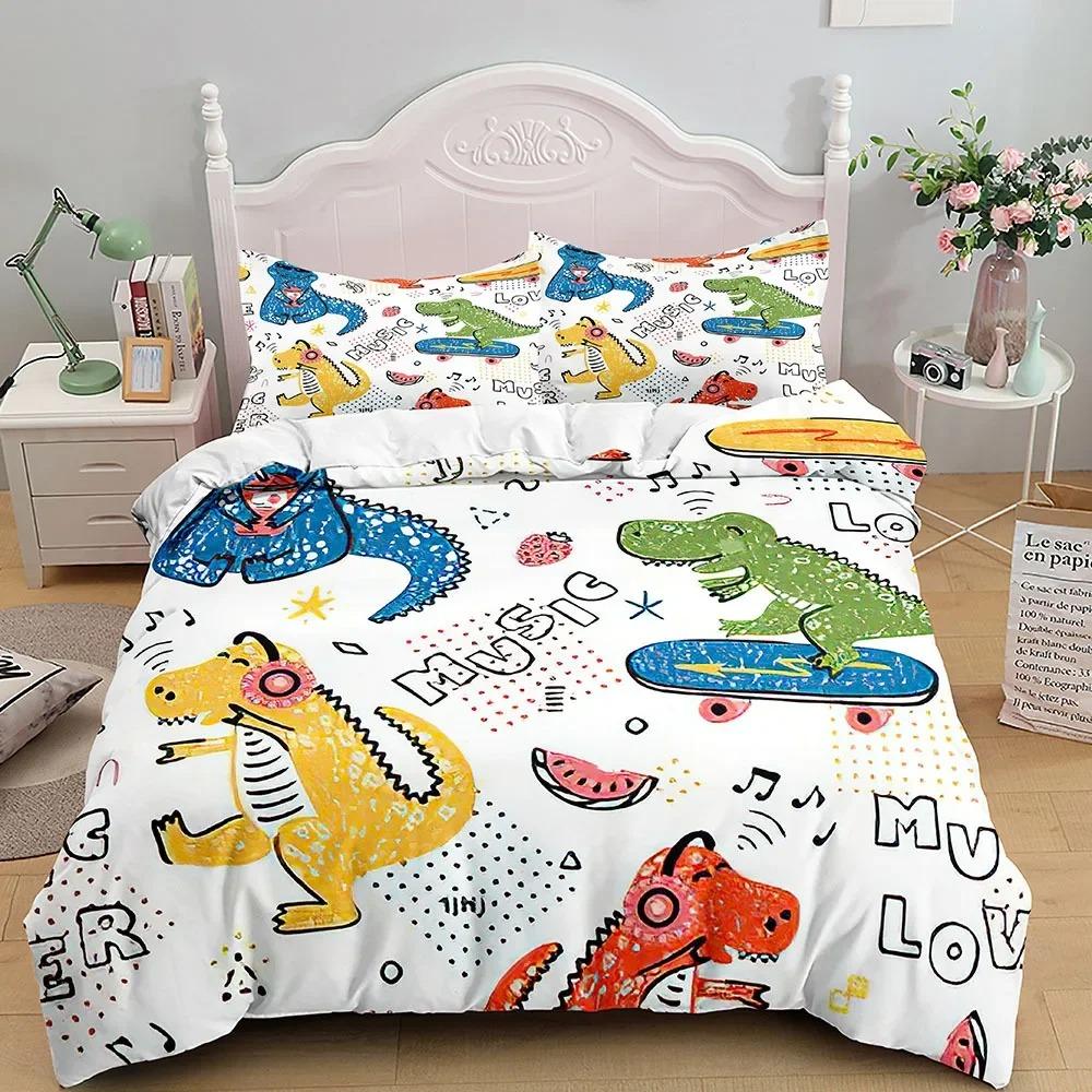 Kids Cartoon Dinosaur Bedding Set KingQueenFull Size Cute Animal World Duvet Cover Orange Yellow Polyester