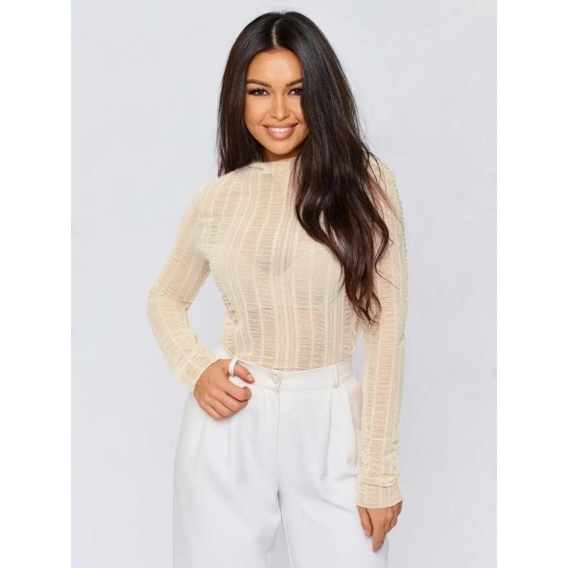 Dámský sexy top s průstřihy, kulatým výstřihem, jednobarevný, průsvitný, s dlouhým rukávem