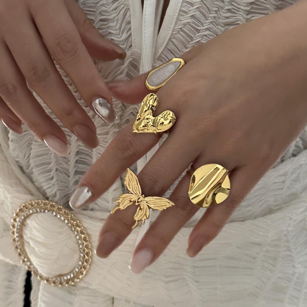 Stainless Steel Gold Plated Rings For Women Hammered Textured Love Heart Butterfly Irregular Wide Open Finger Ring Boho Jewelry