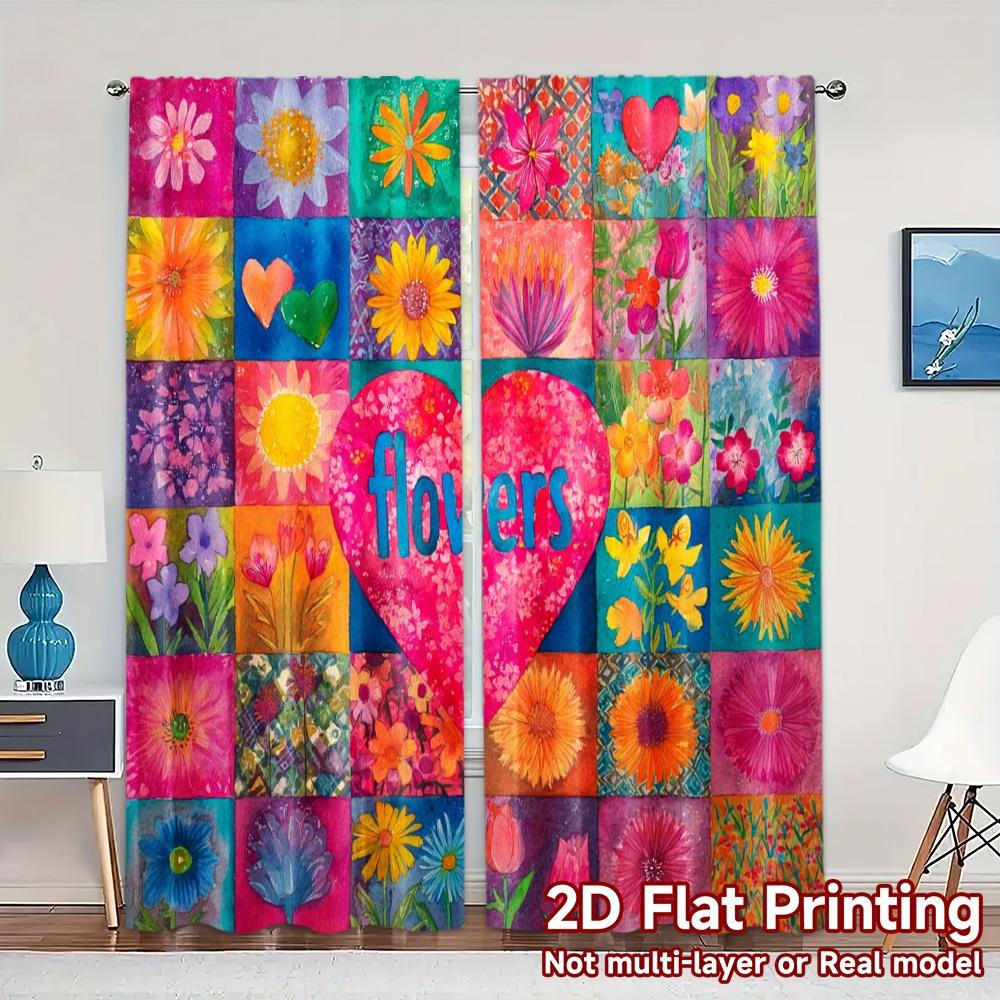

Set Of 2 Flat Printing Jit Curtains Without Rod Floralheartpatchwork Chic Window Curtain Polyester Holiday Ldeal W100*H70(CM)-Grommet top&1PCS
