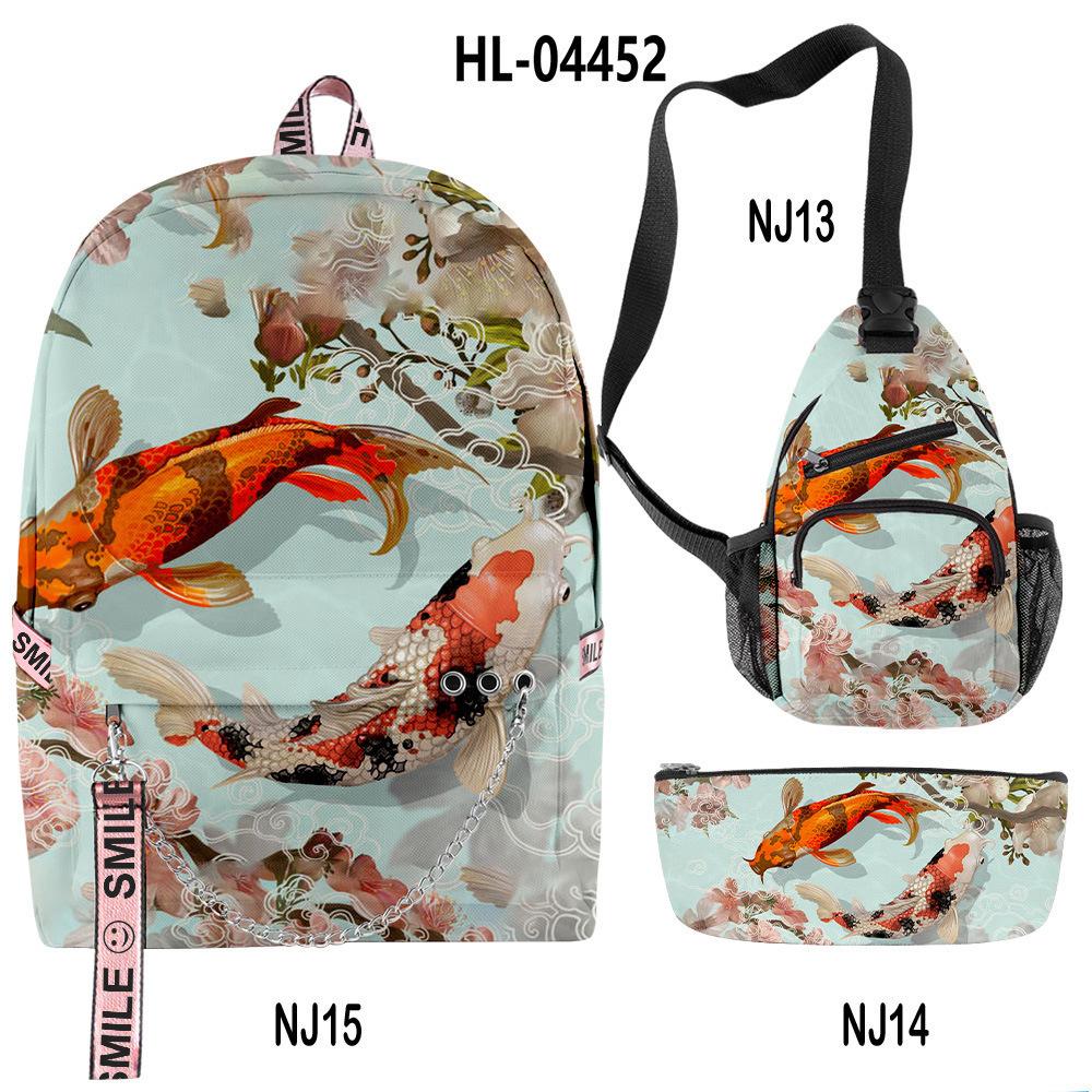 Classico Novità Divertente Cool Carpa Dorata Stampa 3D Set da 3pz Zaini Scolastici multifunzione Zaino da Viaggio Borsa a Petto Astuccio