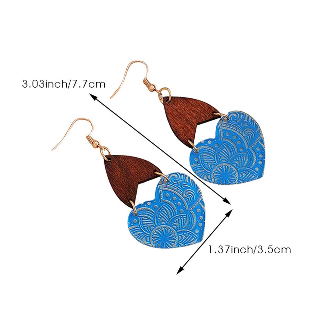 Ethnic Style Temperament Wooden Patchwork Printed Hollow Acrylic Heart Shaped Earrings For Women