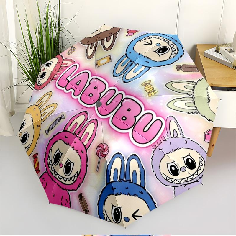 Labubu Print Automatic Open Close Umbrella, Portable Foldable Umbrella, for Outdoor Commute Camping Trip, Ideal Birthday Gift