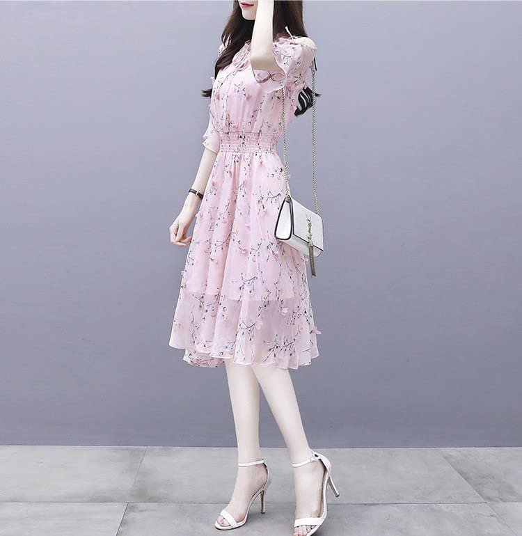 BLZXIAN Summer Floral Chiffon Dress with Flared and a Chiffon Skirt with a Crew Neck and Design Size Women's Skirt, Slimming, Long, Fairy-Style A-Line