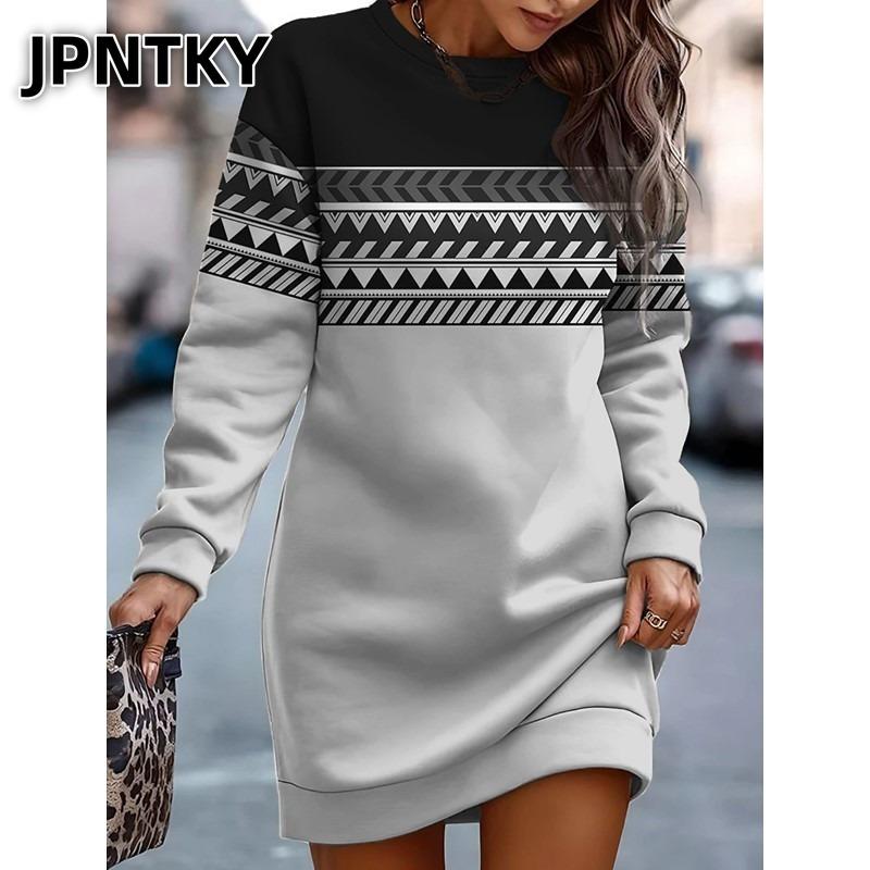 JPNTKY Fashion Autumn Winter Long Sleeve O-Neck Casual Dresses