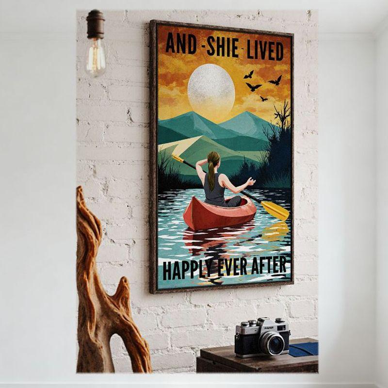 Retro Style Metal Tin Sign Woman in Red Canoe with Yellow Paddle, Full Moon & 'HAPPILY EVER AFTER' Text Artwork for Home/Bar/Man