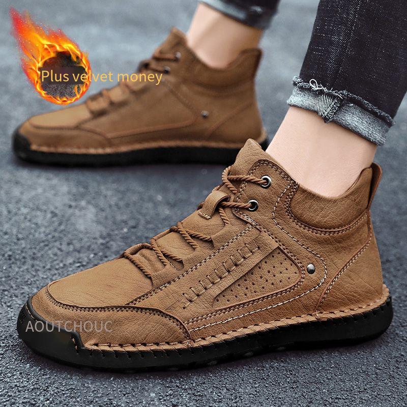 Men’s Hiking Boots Black Brown Casual Retro Leather Men’s Outdoor Handmade Boots for Men Plus Size winter warm boots