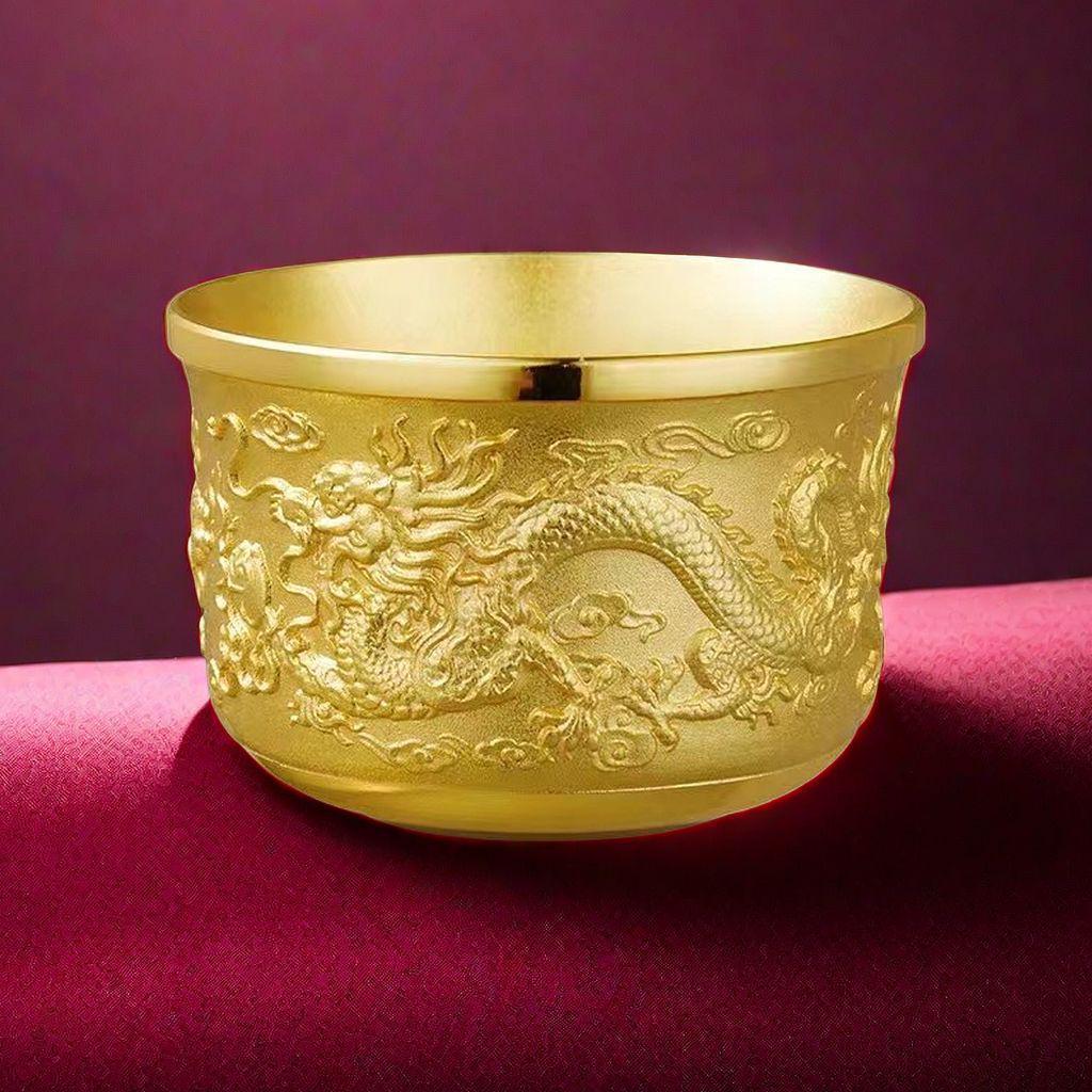 New Dragon Phoenix Golden Tea Cup - Gold Sand Carved Design, Perfect Gift for Elders