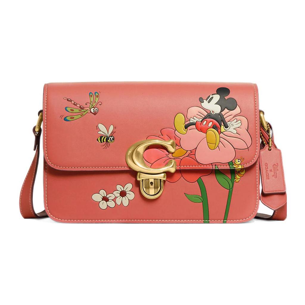 New COACH Disney Collaboration Studio Leather One Shoulder Closure Crossbody Bag Medium Size Women's Coral Red CH413-B4VH1