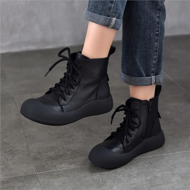 Johnature Retro Women's Ankle Boots Genuine Leather Lace Up Thick Soled Cowhide Short Boots