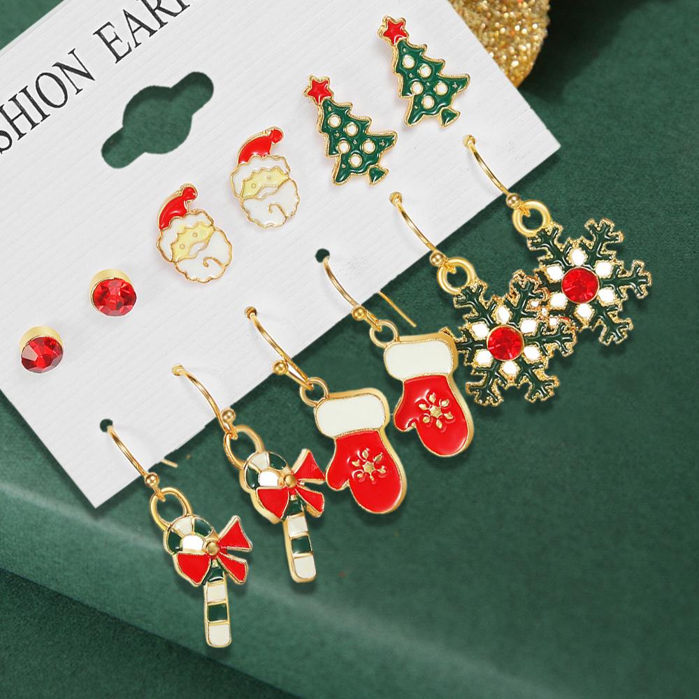 6 Pairs Of Ladies' Christmas Earrings, Santa Claus Christmas Tree Gloves, Fashionable Cartoon Cute Decorations With Patterns