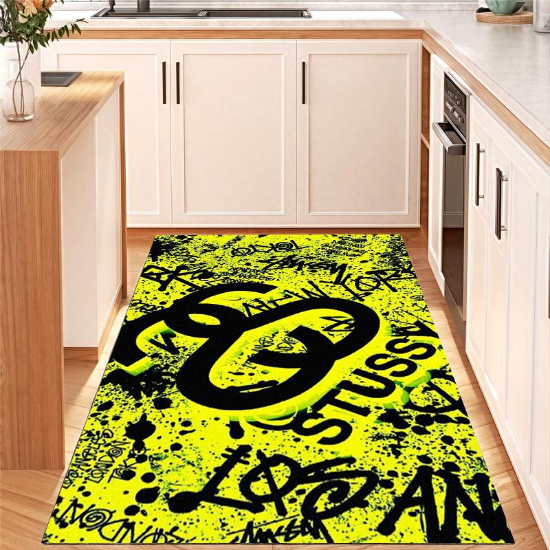 Bright Yellow Splash Ink Graffiti Logo Area Rug Non Slip Mat, Black Spray Paint Street Text Print Carpet for Game Room Decor