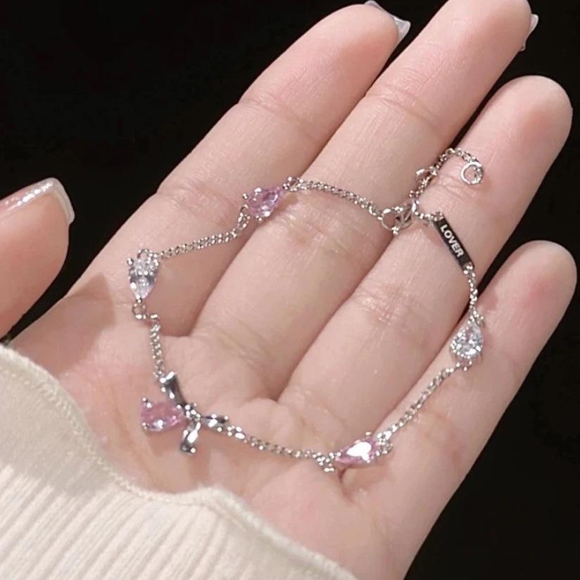 Pink zircon bow bracelet women s niche design sense cute sweet girl heart high value hand jewelry