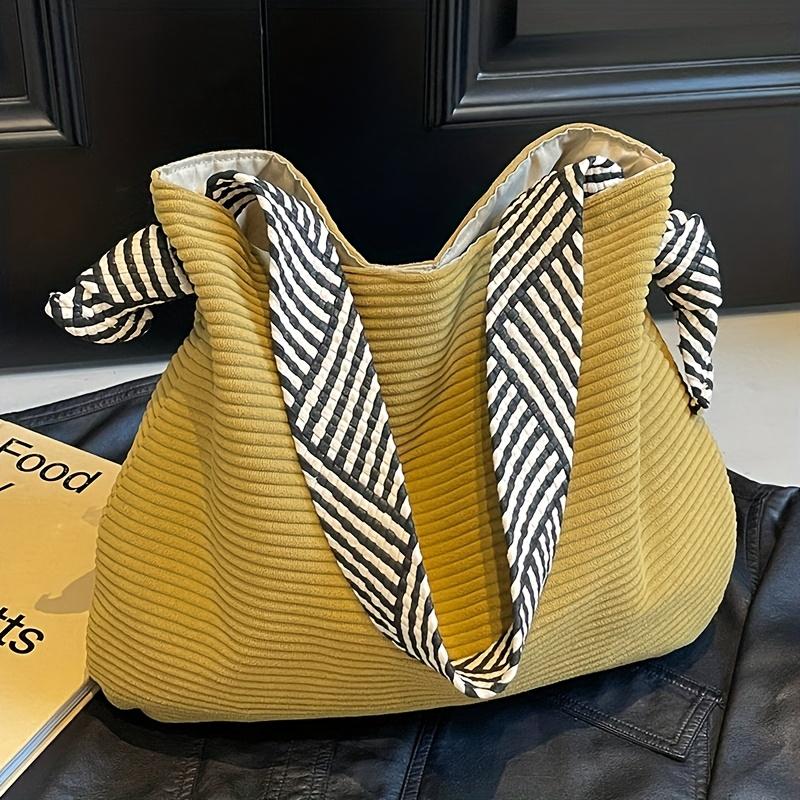 Women's Fashion Solid Color Soft Fabric Large Capacity Carrying Bag, Bohemian Style Wide Woven Shoulder Strap Versatile Minimalist Casual Shoulder Bag