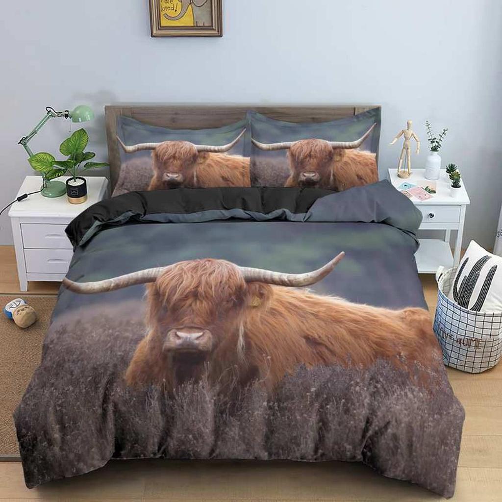 Highland Cow King Queen Duvet Cover Bull Bedding Set For Adults Cattle 2/3pcs Quilt Cover Farm Animal Polyester Comforter Cover