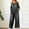 Ladies' Casual Denim Printed Long Sleeved Loose Pocket Jumpsuit